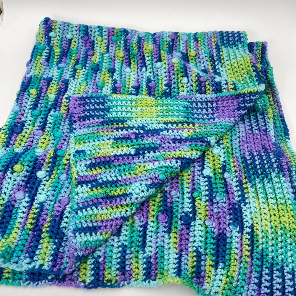 Handmade Bobble‎ Crochet Throw Baby Blanket Multi Color Blue Purple 38x40